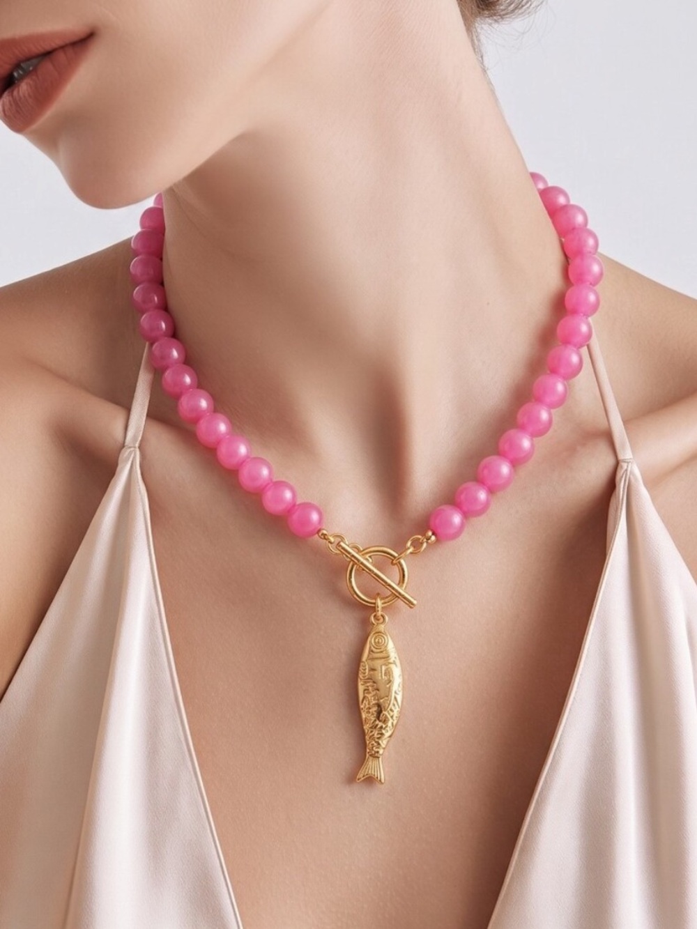 Mayamar Pink 24k Gold Plated Glass Bead Necklace with Gold Fish Pendant